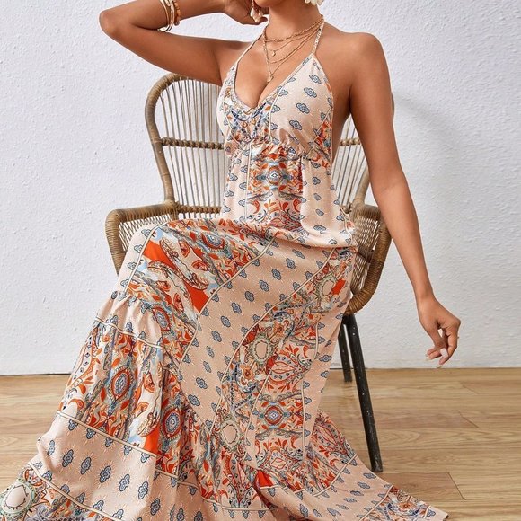 Tan Boho Womens Women's Printed Backless Vacation Dress - Picture 6 of 6